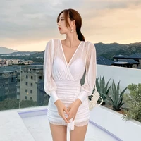 2021 korean one piece swimwear women long sleeve swimsuits fused cover belly monokini lace bathing suit sexy ladies swim dress