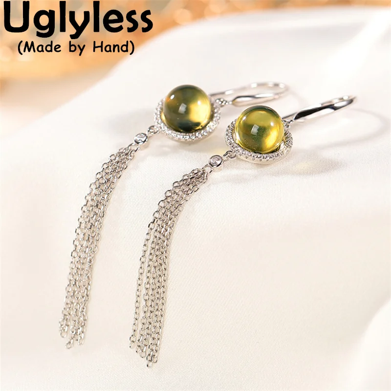 

Uglyless Real 925 Silver Chains Tassels Earrings for Women Simple Fashion Blue Amber Earrings Zircons Crystals Brincos Bijoux