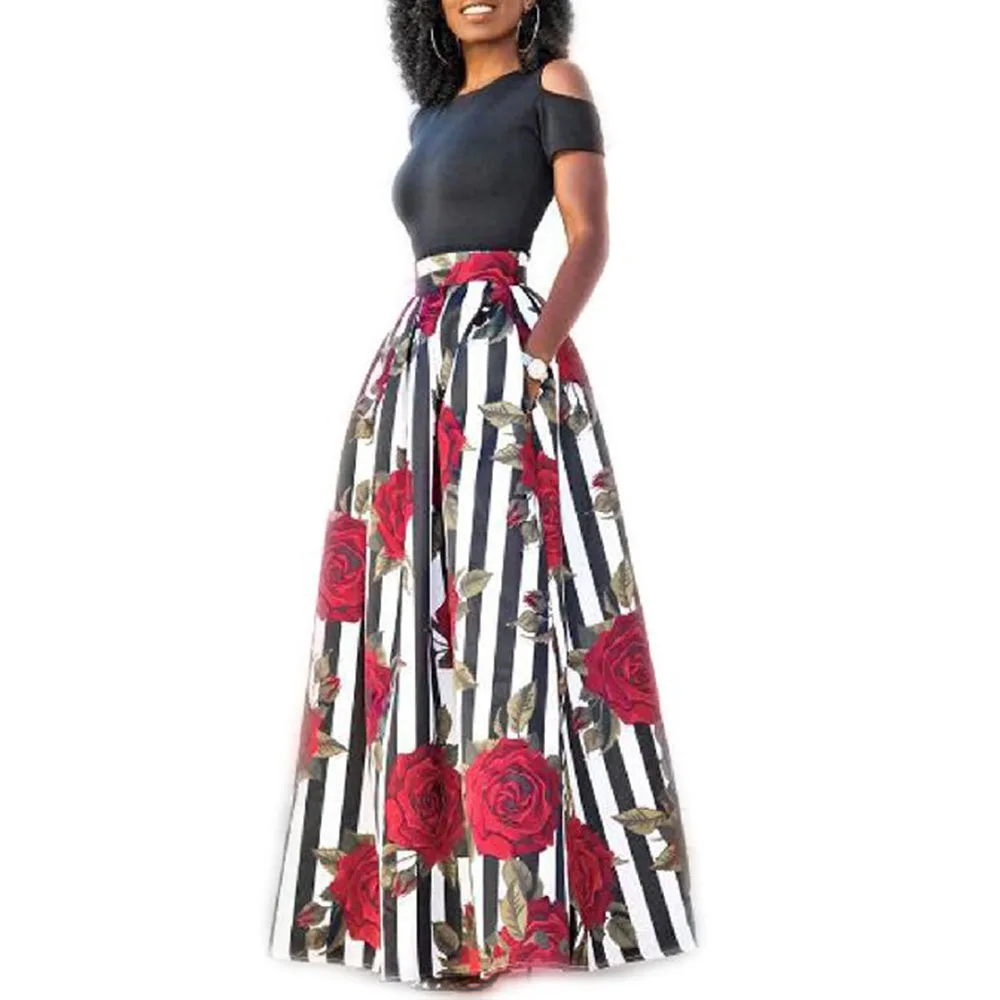 Женский летний комплект с юбкой в полоску и цветочным принтом размера плюс из