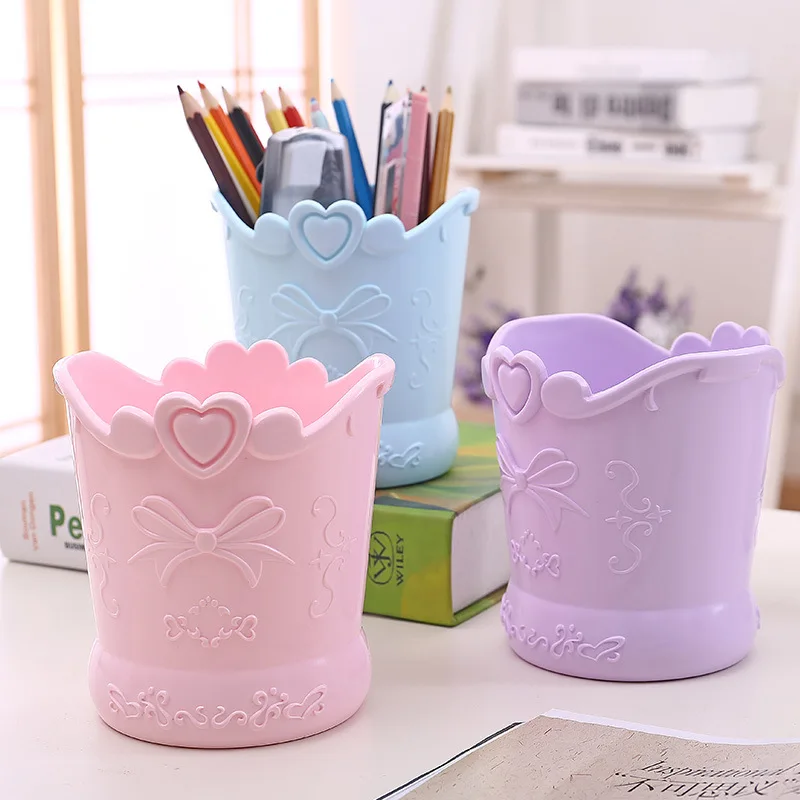Bow Love Heart Shape Pen Holder Pink Barrel Girl Cute Bucket  Desk Organizer Stationery Large-capacity Plastic Pen Holder