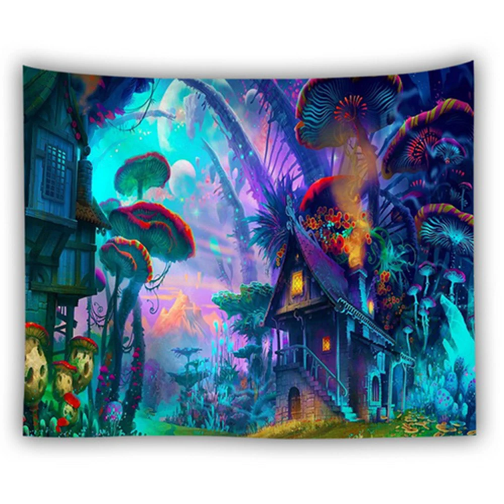 Богемный настенный гобелен подвесной Большой Домик в виде грибов Сказочная