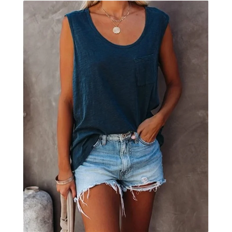 

NEW Women's Pocket Tank Tops 3XL Plus Size Tops O-Neck Short Sleeve Female T-shirt Summer Casual Vest For Women