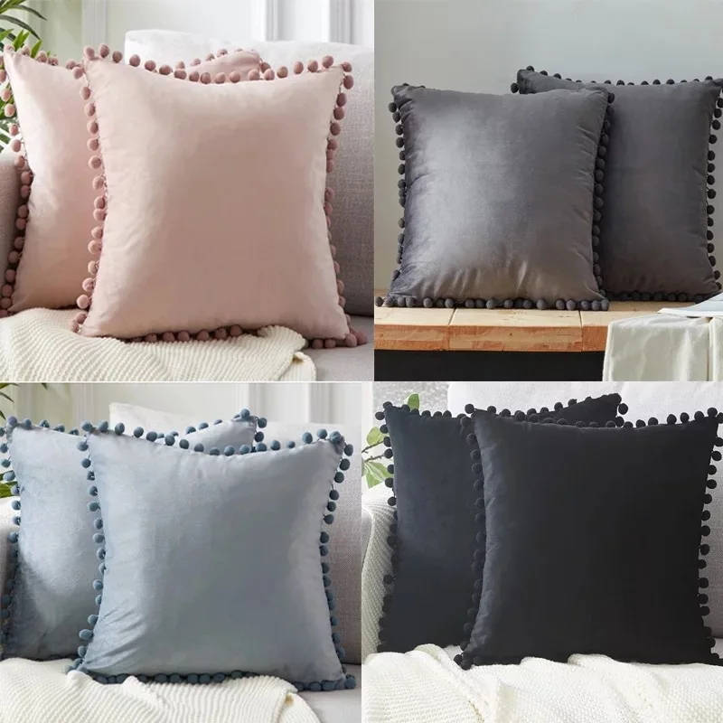 

Cushion pillowslip Soft Velvet Decorative Cushion with Ball Home Decor for Sofa Set Bedroom Pillowcase Blue Pink Pillow
