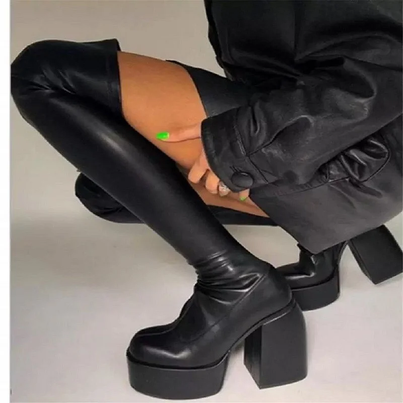

Ladies Sexy Platform Zip Boots 2021 Autumn Elastic Knee Length Long Boots Thick High Heel Black Square Toe Women's Shoes Size 43