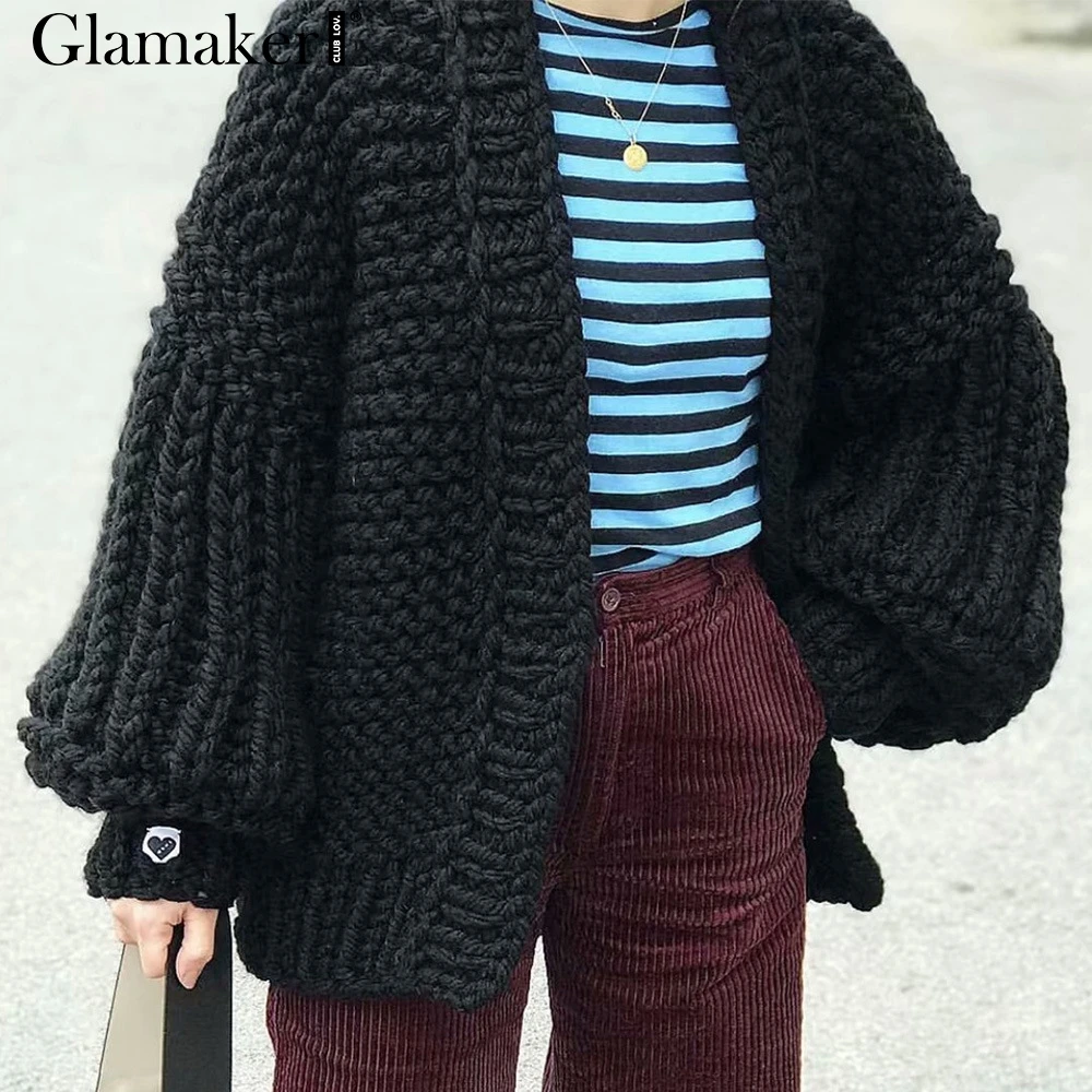 Черный Glamaker длинный рукав фонаря черный вязаный кардиган женский свободный сексуальный элегантный красный свитер женский осенний зимний трикотаж jumper2019 - Цвет: Черный