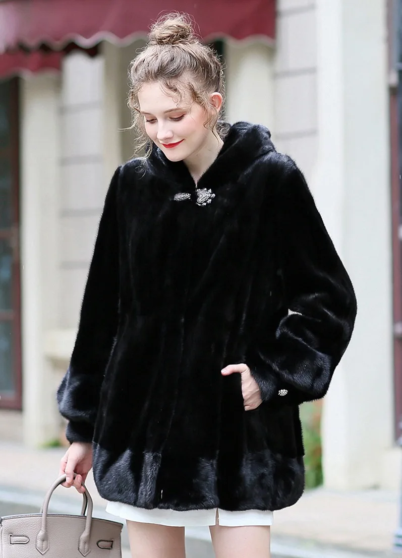 Роскошное пальто из натурального меха норки куртка с капюшоном осенне-зимняя