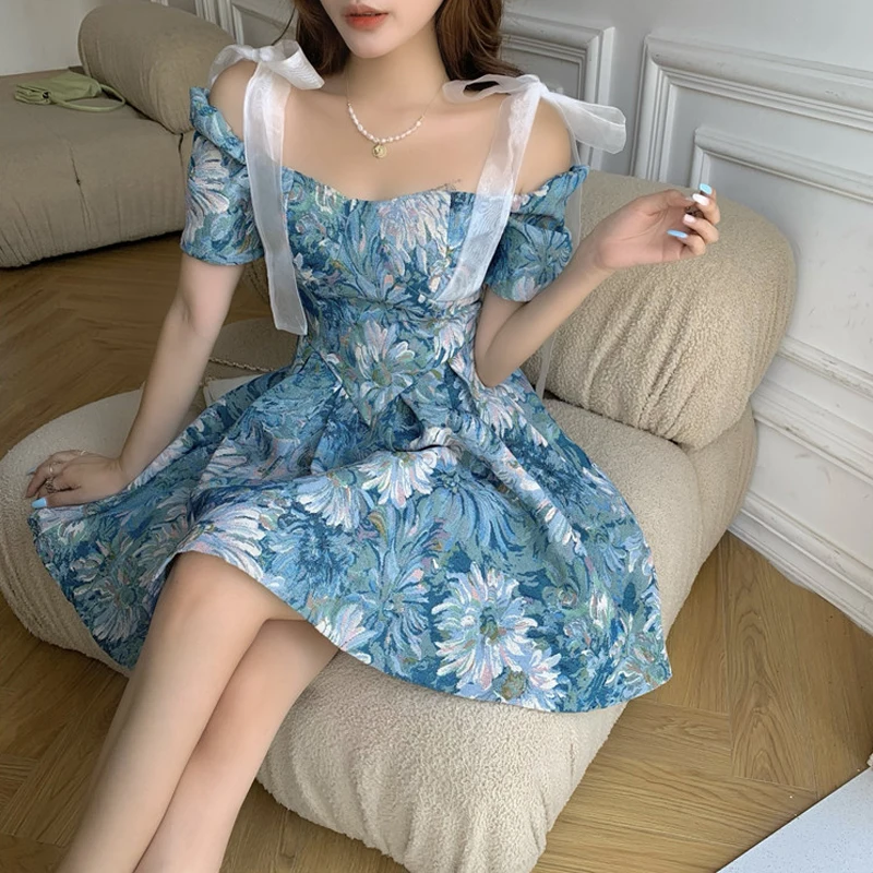 

Floral New 2021 Court Retro Style Dress Women Bowknot A-Line Elegant Lace Fairy Short Sleeve High Waist French Vintage Dress