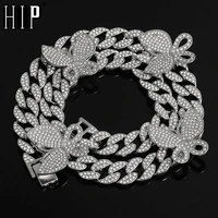 hip hop iced out paved rhinestones gold silver color 15mm full miami cuban chain with butterfly choker necklaces for men jewelry