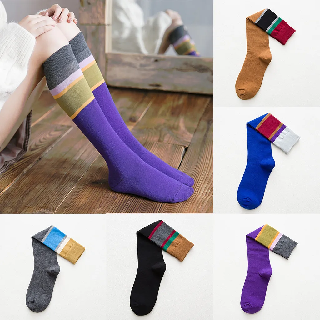 Женские Модные Лоскутные Полосатые цветные Гольфы Повседневные хлопковые носки