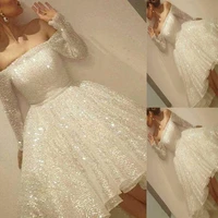 sparkle white sequin cocktail party dress boat neck long sleeve short prom dresses girls knee length homecoming graduation gowns