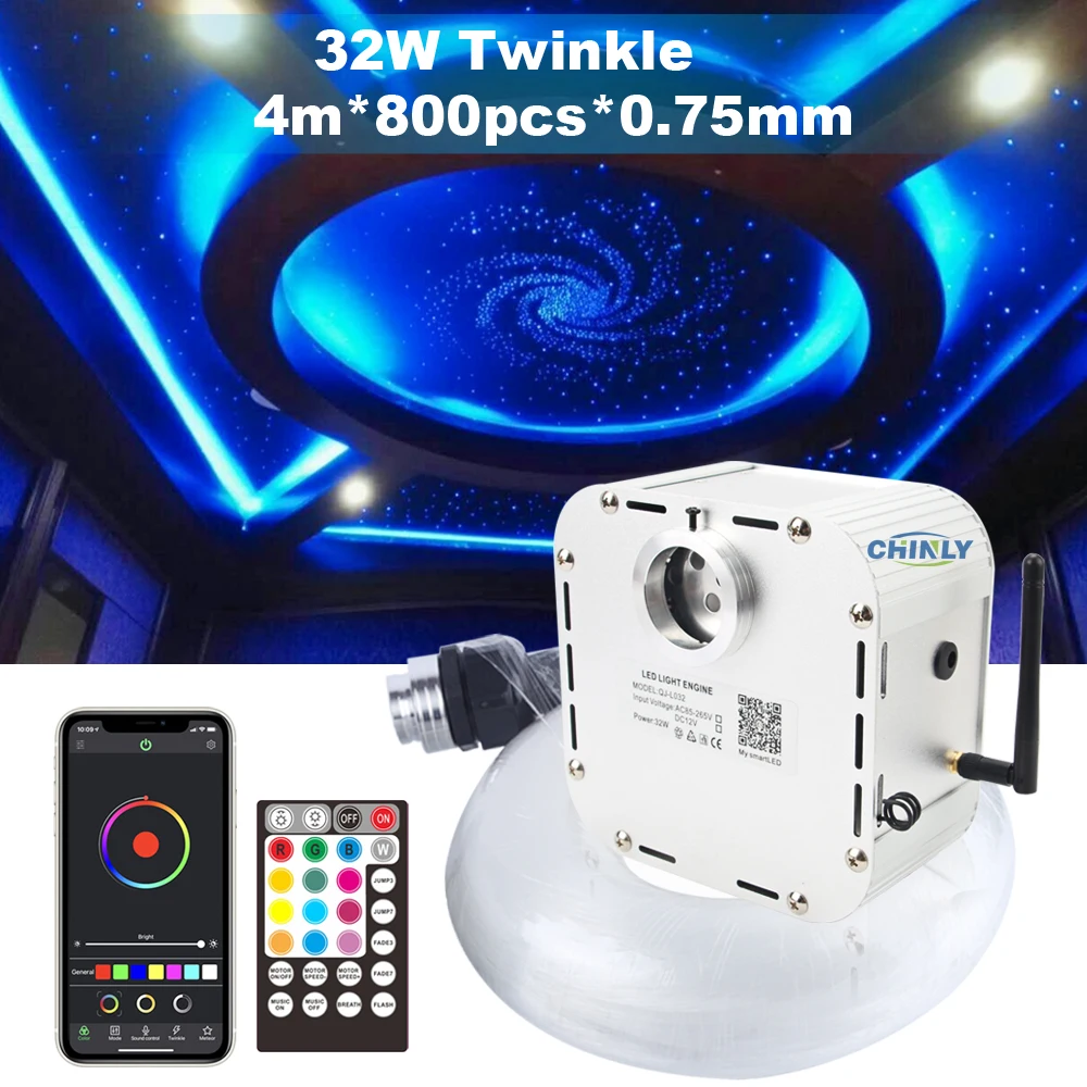 BBluetooth-kit de luz de fibra óptica Twinkle, 32W, RGBW, 4m, 800mm, Cable RF, Control remoto, música, estrella, iluminación de techo, 0,75 Uds.