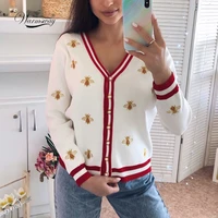 high quality fashion designer bee embroidery cardigan long sleeve single breasted contrast color button knitted sweaters c 196