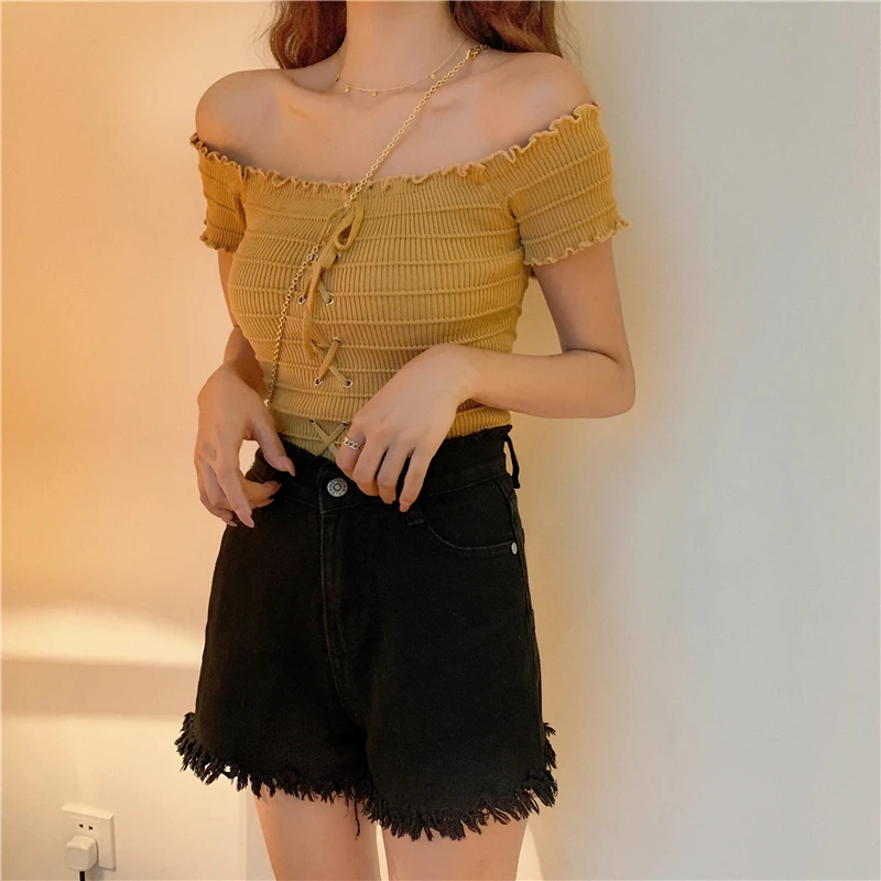 Женский трикотажный топ OUMEA летний укороченный с открытыми плечами и шнуровкой в