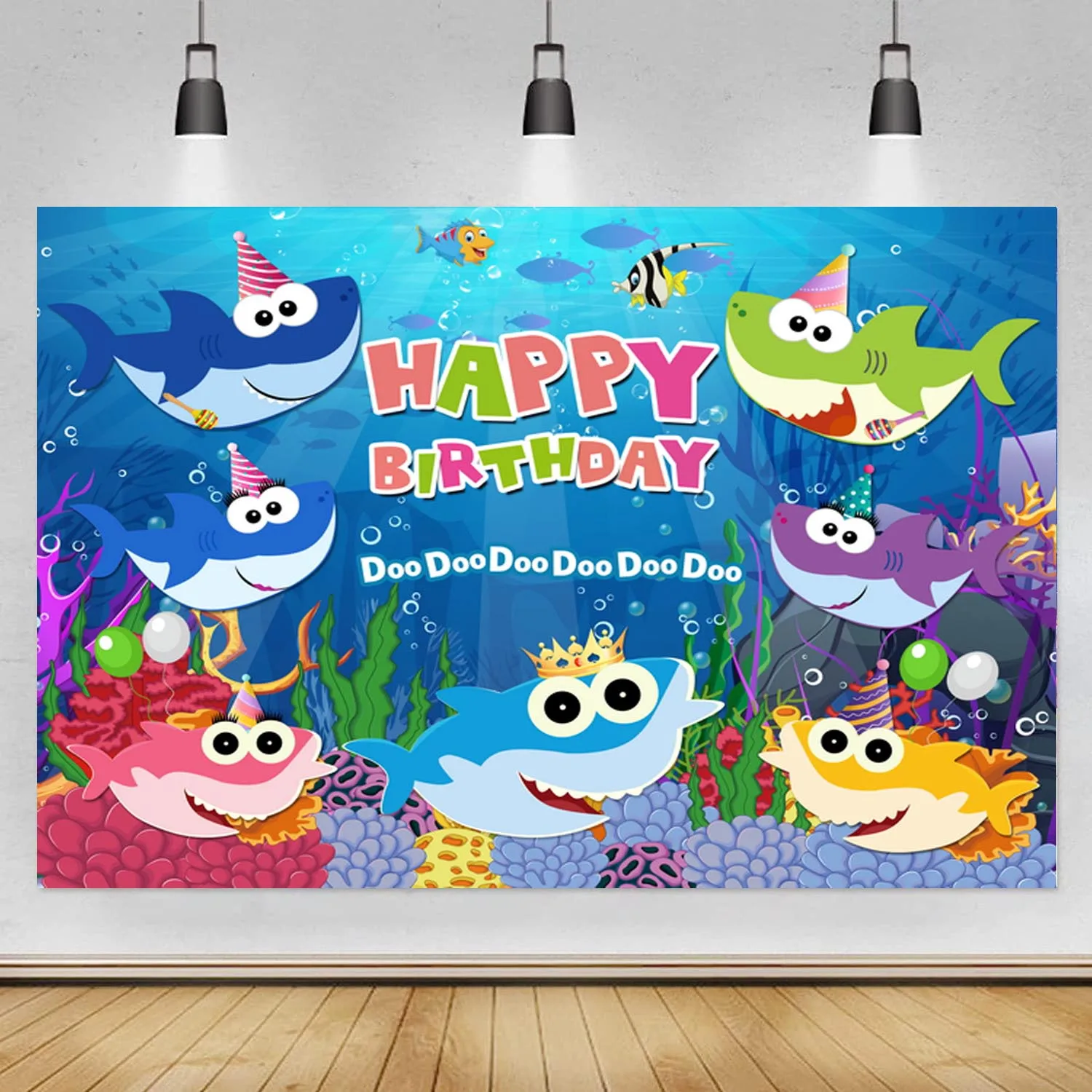 

Blue Ocean Shark Backdrop Under The Sea Crown Prince Baby Shower Birthday Party Photography Background Photo Booth Studio Props