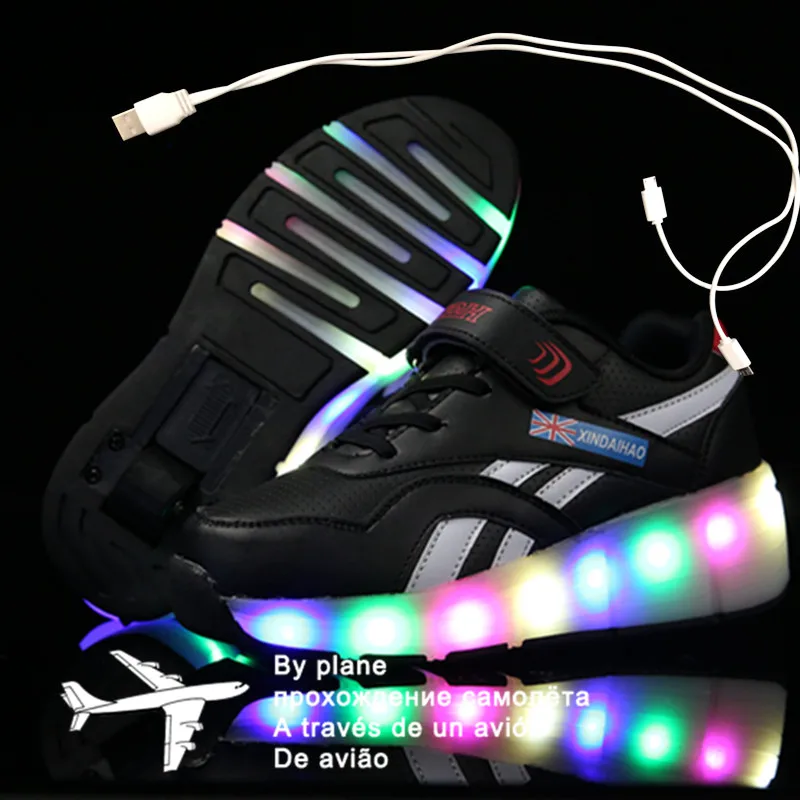 

28-40 Pink Black USB Charging Fashion Girls Boys LED Light Roller Skate Shoes For Children Kids Sneakers With Wheels One wheels