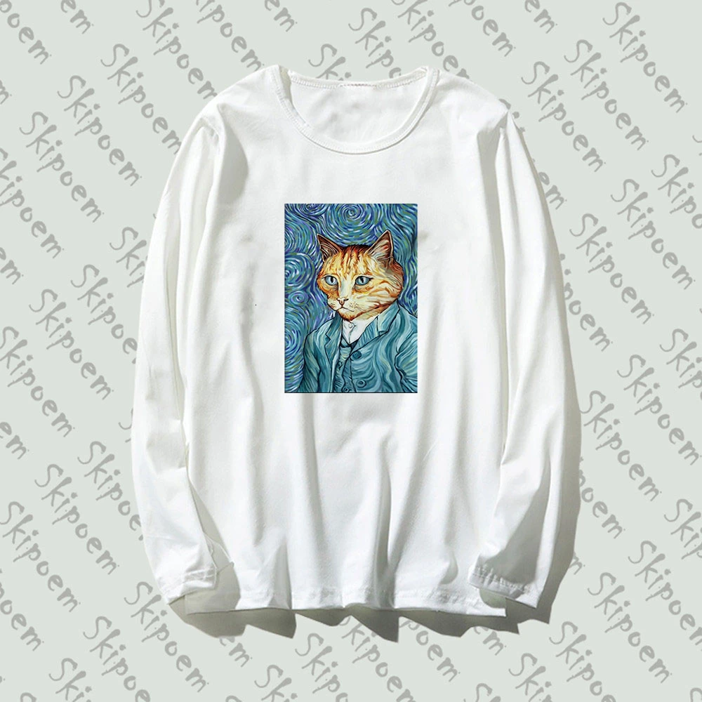 Черно-белая забавная Длинная женская футболка с изображением кошки Ван Гога