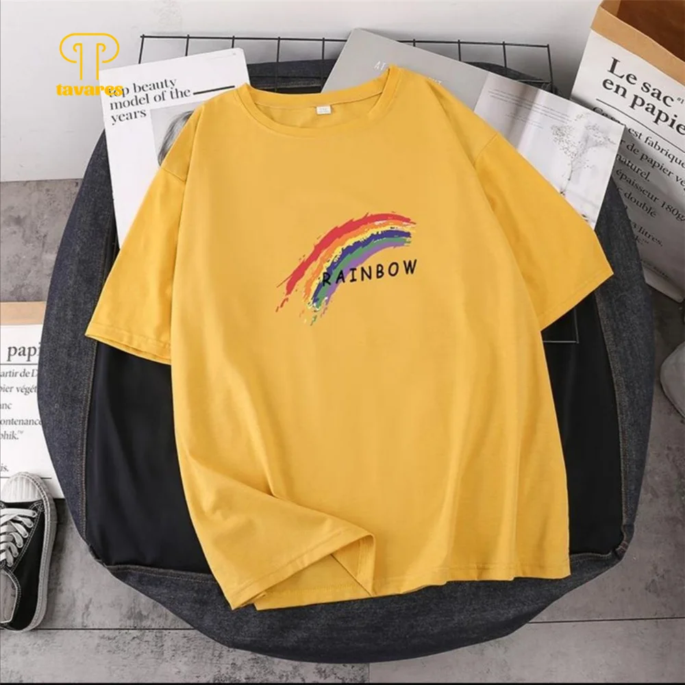 

TAVARES Men Short Sleeve rainbow Summer Round neck Casual Cotton T-shirt Breathable Loose Clothes Yellow