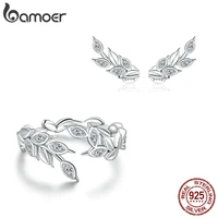 bamoer genuine 925 sterling silver shining wheat ears ring and stud earrings for women jewelry sets wedding design zhs212