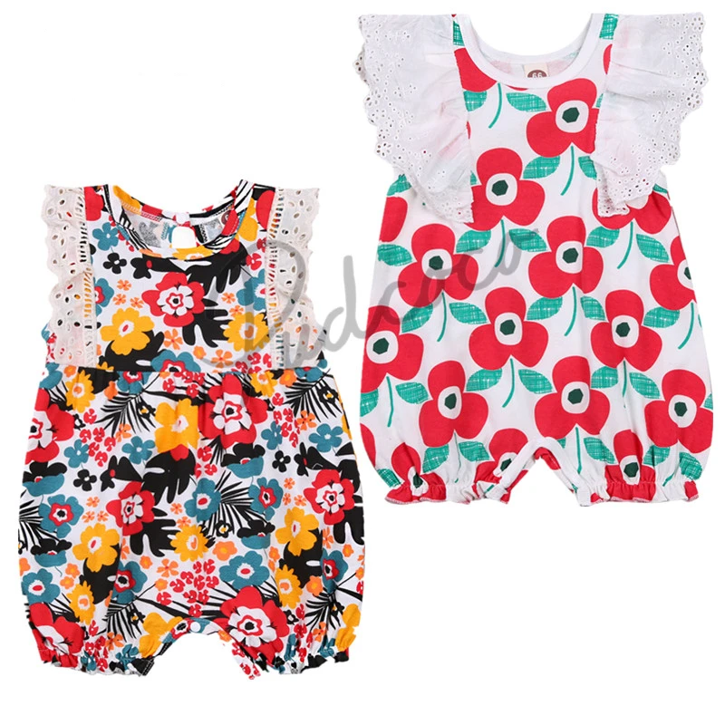 

2021 Baby Summer Clothing Girl Flower Printed Romper Sleeveless Ruffled Lace Decorations Short Pants Snap Button Crotch Jumpsuit