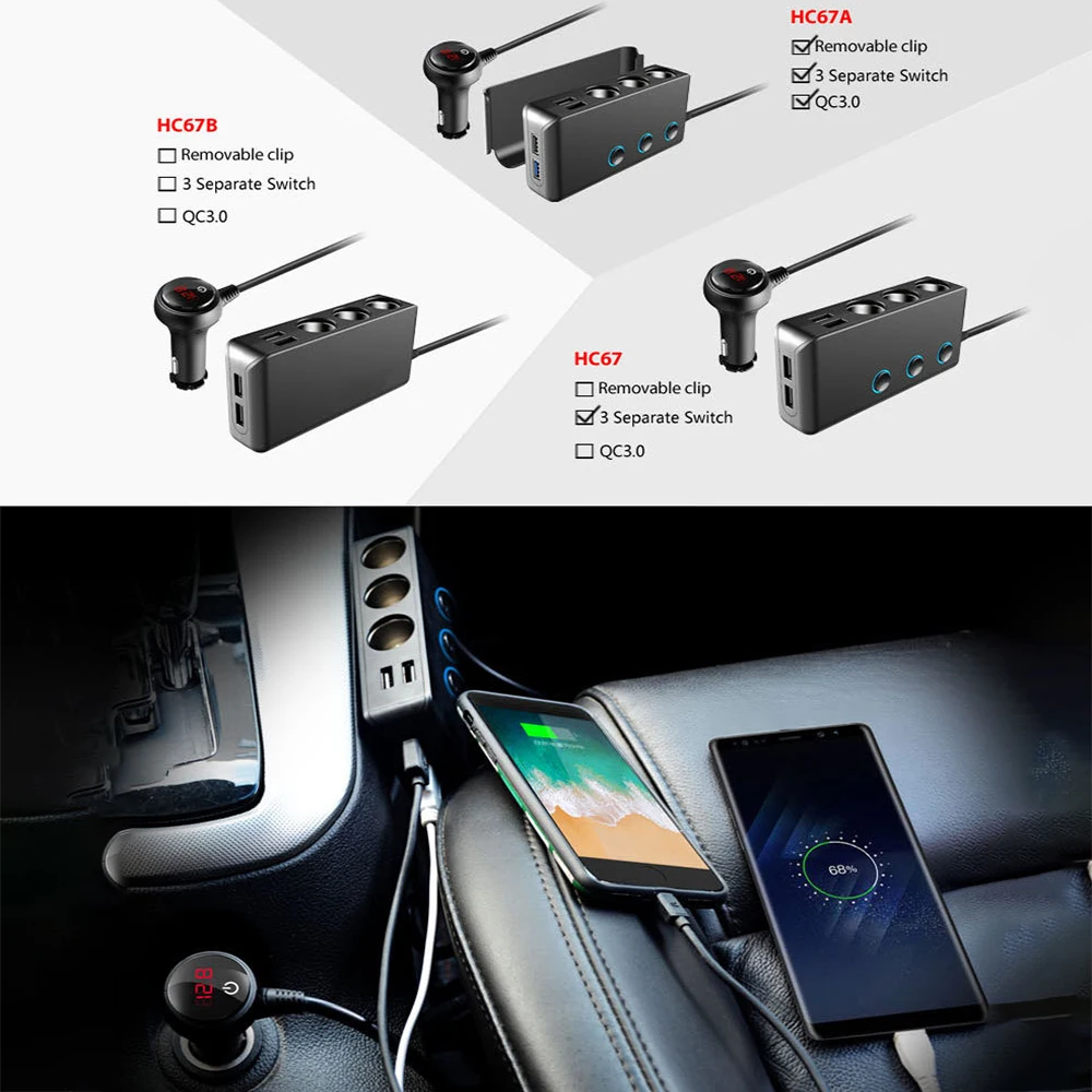 Автомобильное зарядное устройство TiOODRE USB QC3.0 со светодиодной подсветкой