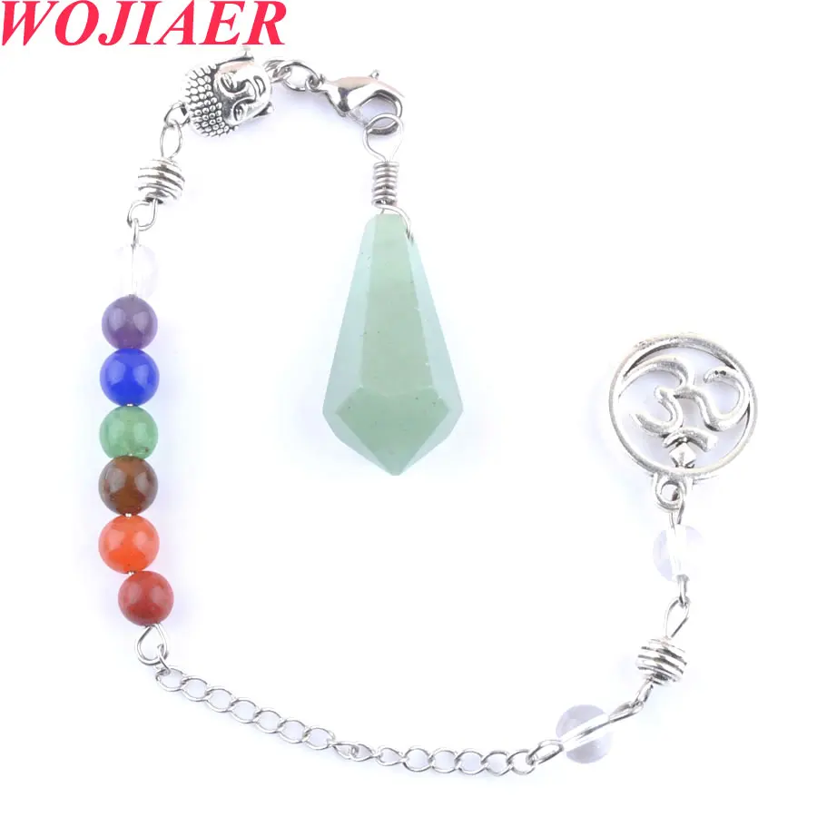

WOJIAER Small Size Stone Buddha Head 3D Pendulum for Dowsing Aventurines Cone 7 Chakra Chain Hexagon Pendulo Jewelry PO9037