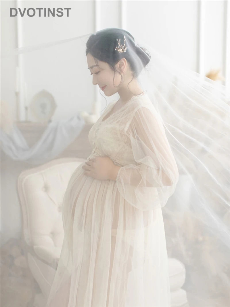 Dvotinst Women Photography Props Lace Perspective Elegant Maternity Dresses V-Neck Pregnancy Dress Studio Shoots Photo Props enlarge