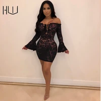 off shoulder lace perspective mini dress slash neck bandage long sleeve bodycon dresses sexy colthes black party club outfits