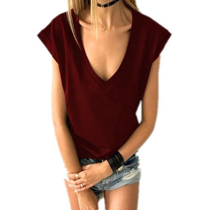 

Basic Deep V Neck Female T Shirt Solid Short Sleeve Casual Slim Women Shirts Tide Spring Summer Fashion Sexy Ladie Top Clothes
