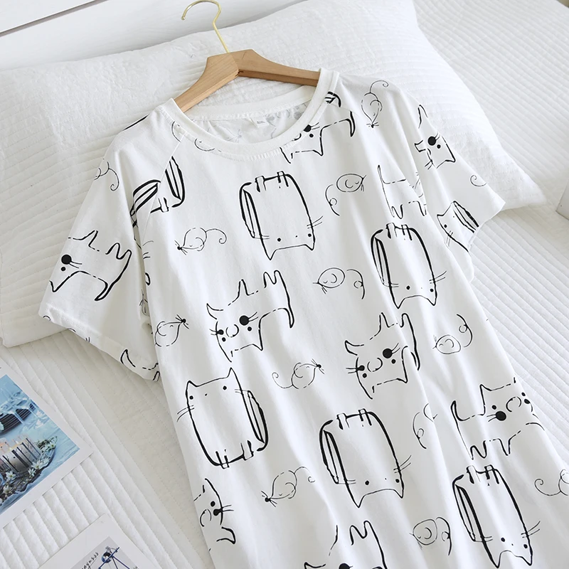 2021 New Cartoon Loose Pajamas Women Summer Knitting Pure Cotton Nightdress Cute Thin Nightdress Wear Medium Long Home Service