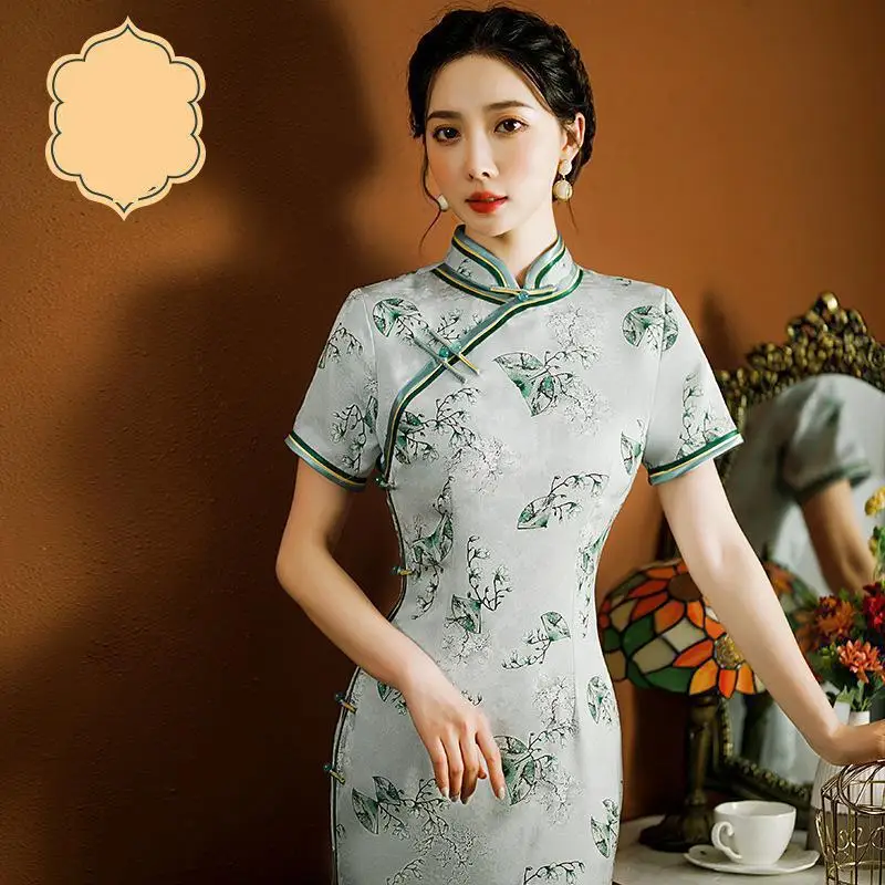 

Vintage Button Slim Cheongsams Sexy Print Split Celebrity Party Gown Mandarin Collar Qipao Elegant Oriental Evening Formal Gown