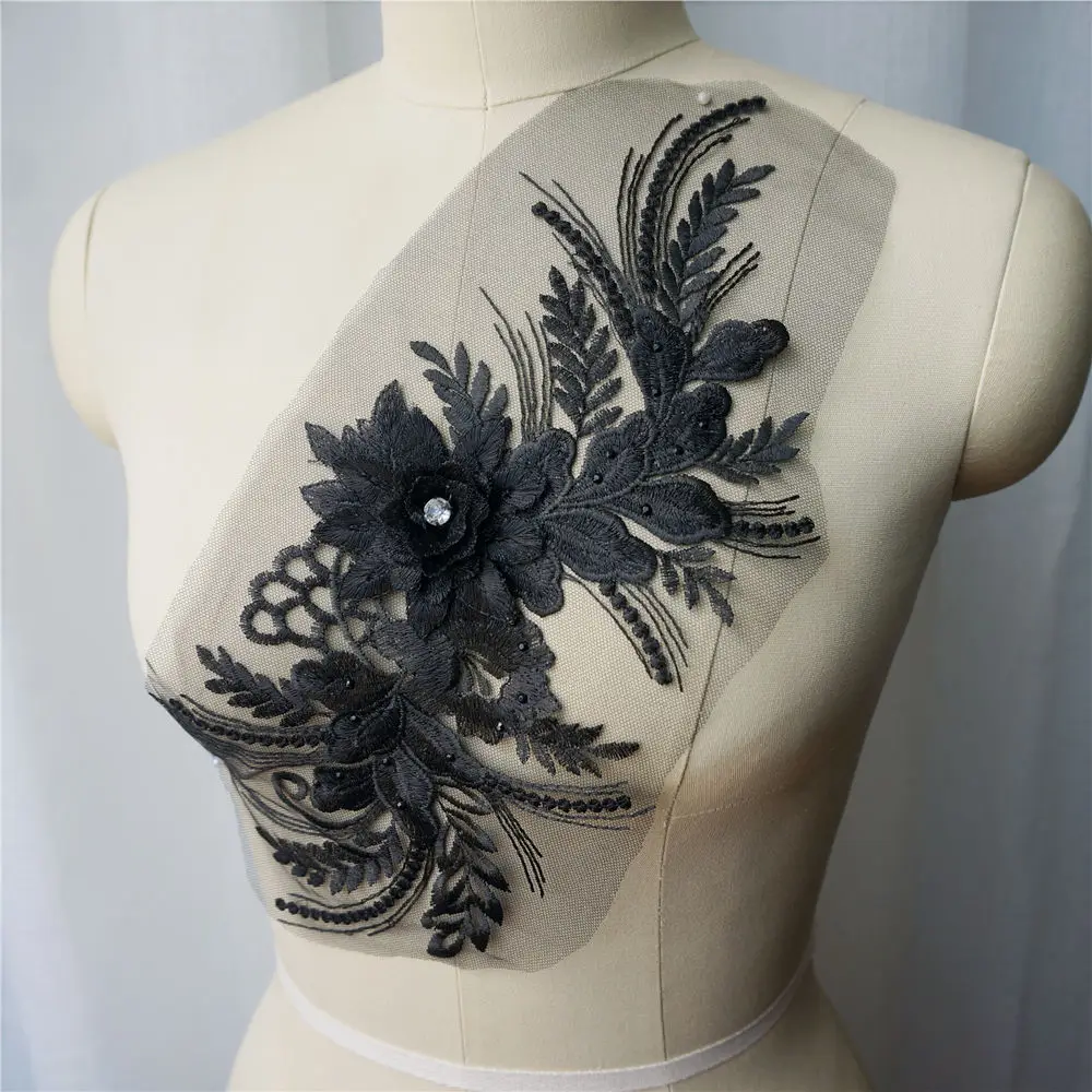 Черная вышитая кружевная ткань 3D цветок кисточки стразы аппликации отделка для