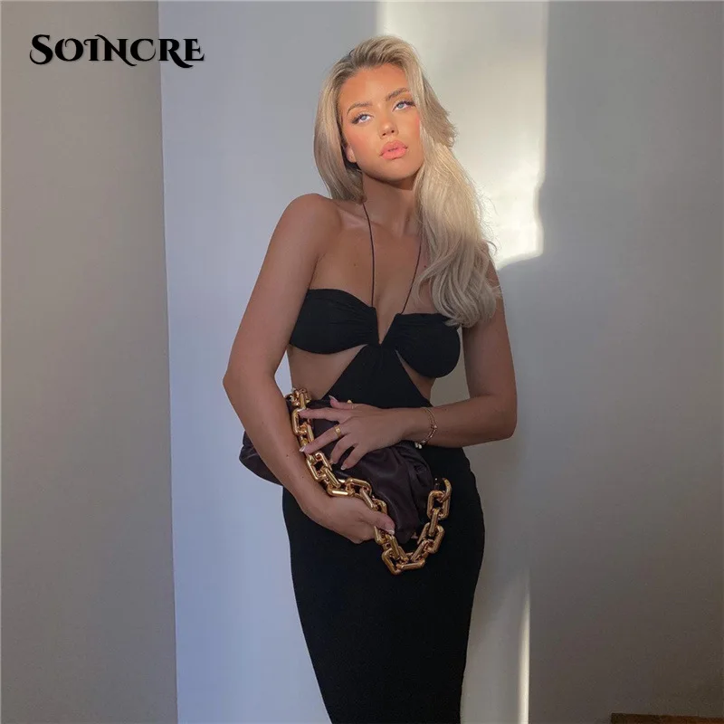 

Sexy Backless Spaghetti Strap Halter Bodycon Midi Dress Women 2022 Summer Elegant Bandage Sleeveless Club Party Dresses