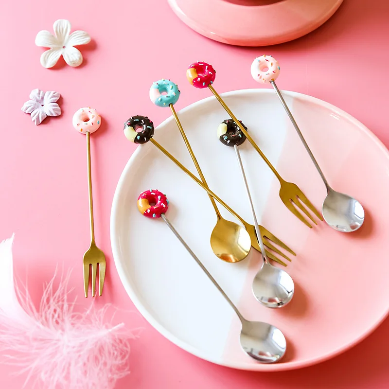 

Stainless Steel Cartoon Donut Cute Tableware Mini Creative Fruit Dessert Spoon Fork Dinnerware Set Gold Kitchen Accessories