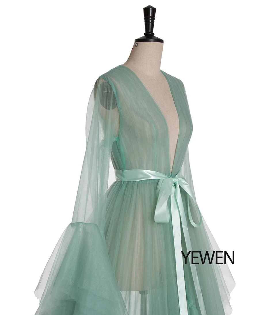 Зеленое, с длинным рукавом вечернее платье вечерние платья Robe De Soiree Формальные Выпускные платья пояс Топ вечерние платья YeWen фотография платье