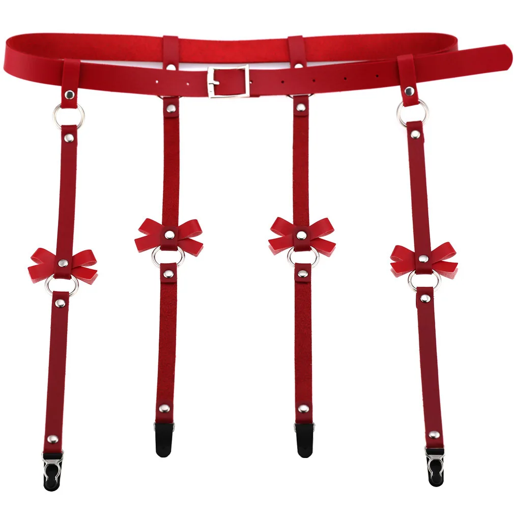 

Sexy Women Men Leather Waist Garter Belt For Stockings Bow Handmade Punk Costume Gourd clip Bow Hollow garter belt