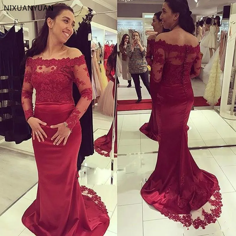

Женское атласное платье-русалка, бордовое платье со шлейфом, длинными рукавами, открытыми плечами и пуговицами на спине, индивидуальный пошив