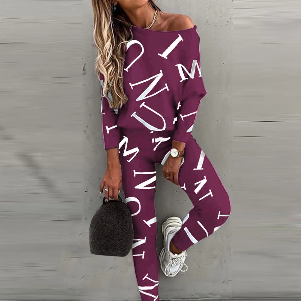 

Spring Autumn Casual Outfit Letters Print Long Sleeve Top Spring Women Blouse Pants Tracksuit for Sports 2 pieces sets
