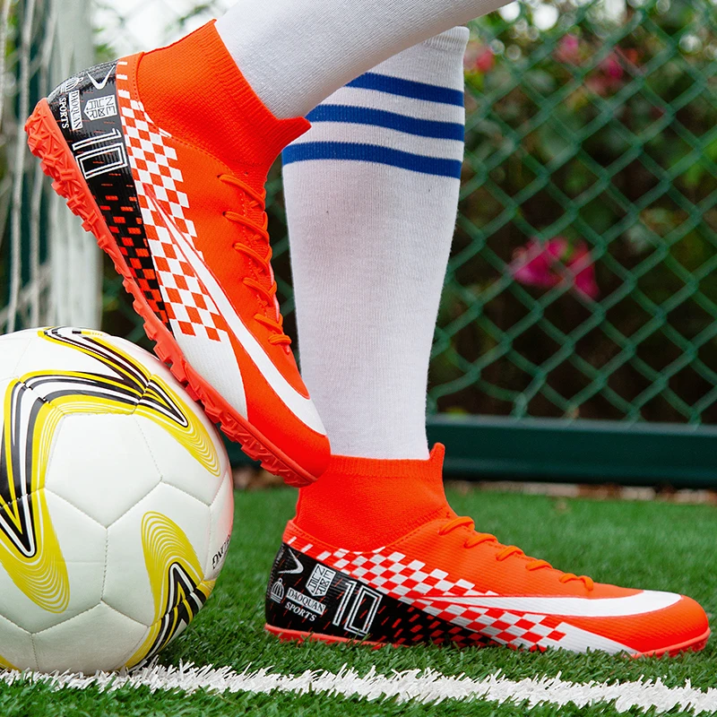 

Men's Soccer Shoes High Ankle Cleats Teenager Breathable Sneakers Size 35-45 Grass Training FG /TF Kids Antiskid Football Boots