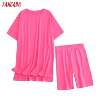tangada 2021 summer womens set 95 cotton suit oversized sets long t shirt legging shorts suits high quality 6l54