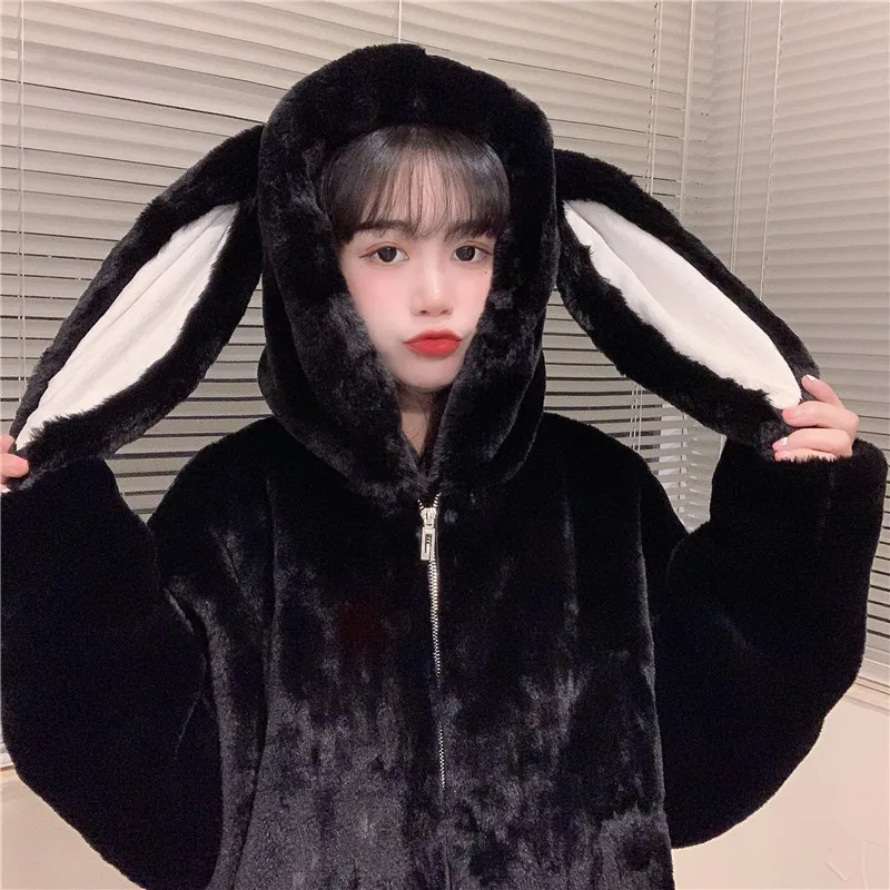 

Autumn Winter Harajuku Punk Gothic Girls Cute Rabbit Ear Hooded Top Women All-match Sexy Solid Black White Hoodie Coat