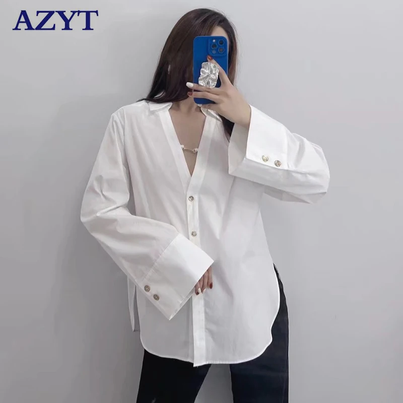 

Женская блузка с отложным воротником AZYT, универсальная простая белая рубашка в Корейском стиле, модель 2022 на весну и осень