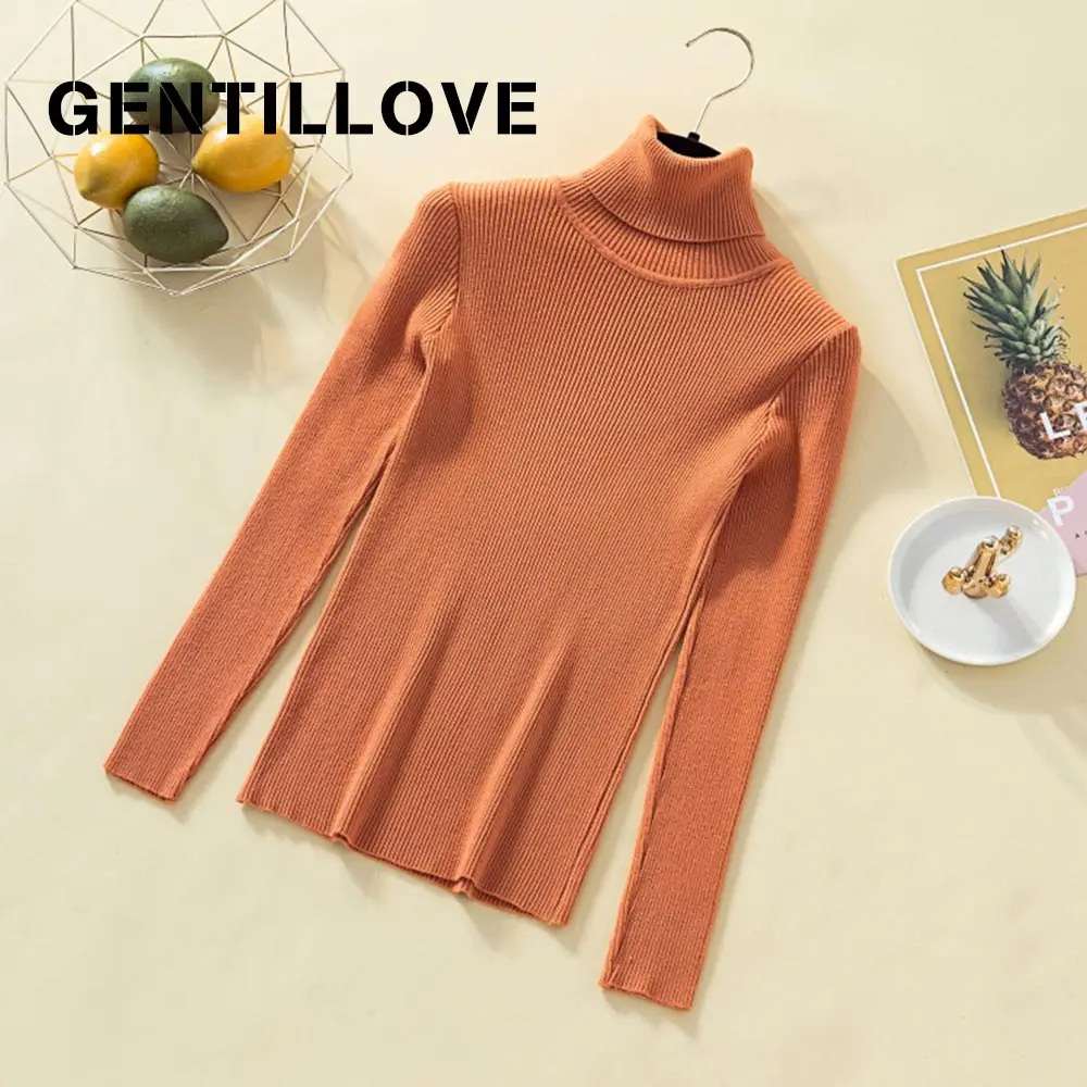 Gentillove Women Autumn Chic Solid Candy Color Basic Sweater Casual Long Sleeve Turtleneck Slim Knitted Korean Harajuku Pullover | Женская