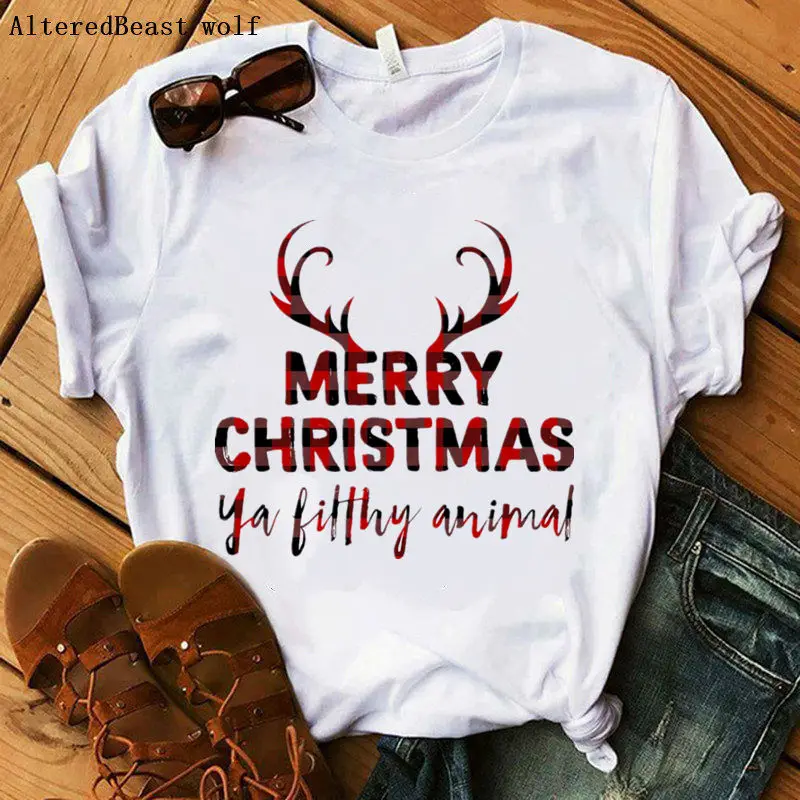 

MERRY CHRISTMAS tshirt plaid letter print women white clothes women christmas T Shirt summer female casual o-neck vogue tops