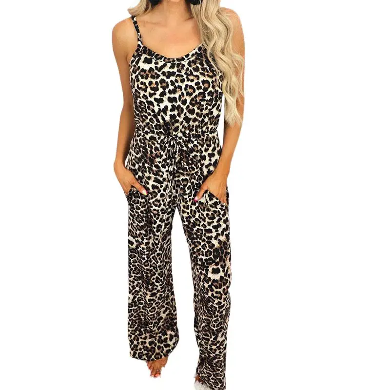 

2021 Summer Sleeveless Backless Spaghetti Strap Leopard Printed Halter Jumpsuit Casual Loose Romper Long Bodysuit Women