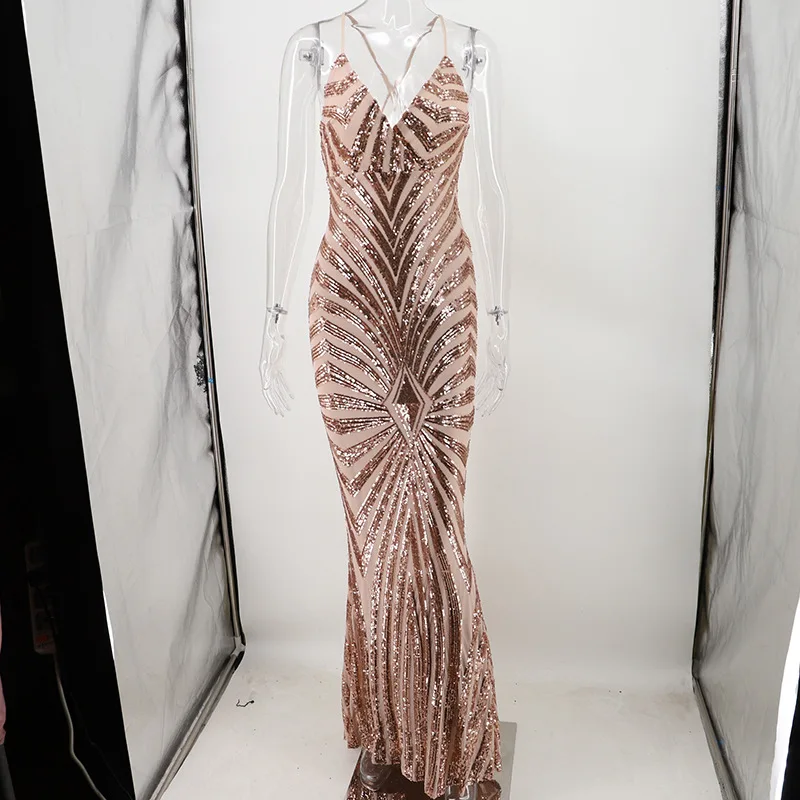 

Women Summer Dress Elegant Strap Backless Wedding Bridesmaid Mermaid Gold Black Sequin Party Dress Bodycon Maxi Long Dress