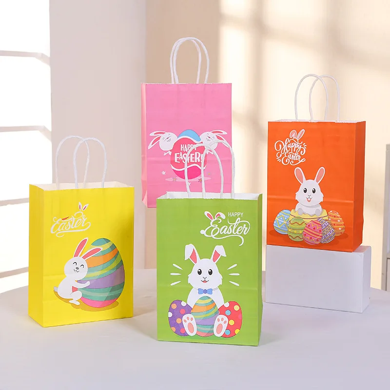 

4pcs Cute Easter Bunny Gift Bags Kraft Paper Cookie Packaging Boxes Happy Easter Decoration for Home Eggs Easter Party Favor Bag