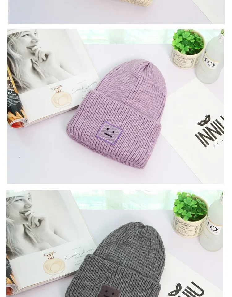 Осень зима бренд Skullies Beanies 1 шт. корейский квадратный улыбающееся лицо вязаные шапки для влюбленных шапки для женщин и мужчин 4 цвета