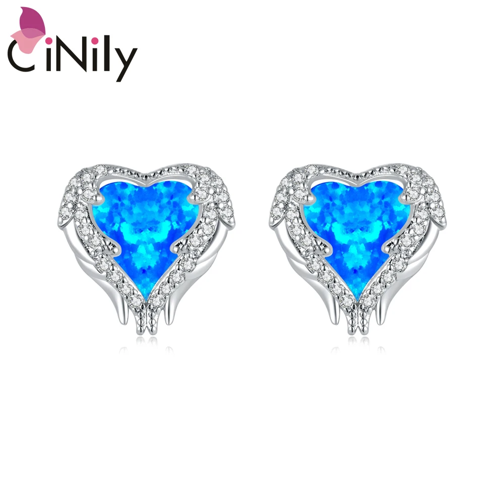 

CiNily Heart Shape White & Blue Fire Opal 925 Sterling Silver Stud Earrings for Party Gifts Women Fine Jewelry Earring OH4743-44