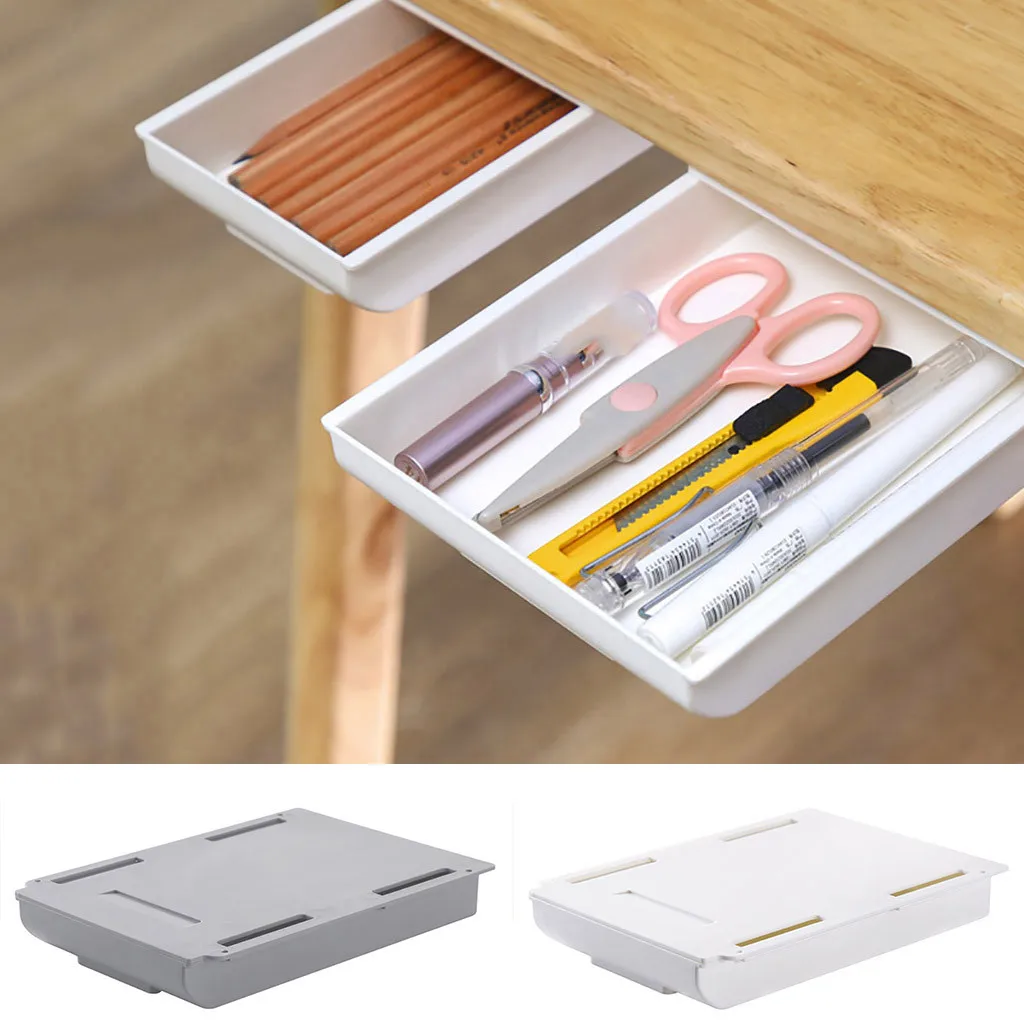 

Hidden Table Under Paste Plastic Desk Organizer Memo Pen Stationery Storage Box Case Desk Drawer Divider Stationery Sticky Decor