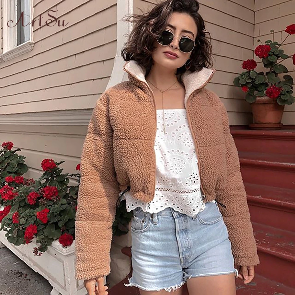 Artsu Autumn Winter Warm Thick Lamb Teddy Bear Coat Women Fleece Two-color Double-sided Fluffy Faux Fur Jacke ASCO60419